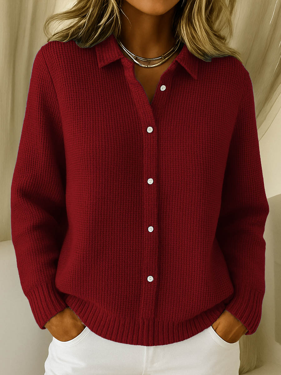 Chic ladies' button-front collared sweater, a warm long sleeve knit top perfect for fall and winter style.