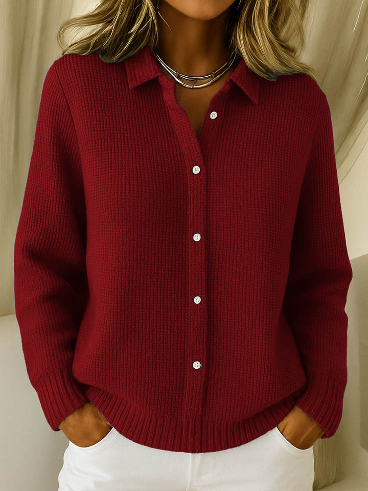 Chic ladies' button-front collared sweater, a warm long sleeve knit top perfect for fall and winter style.