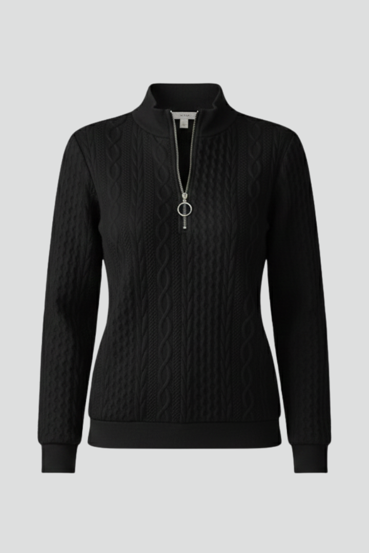 Women's cozy cable knit jumper with a stylish zip neck, perfect for winter fashion.