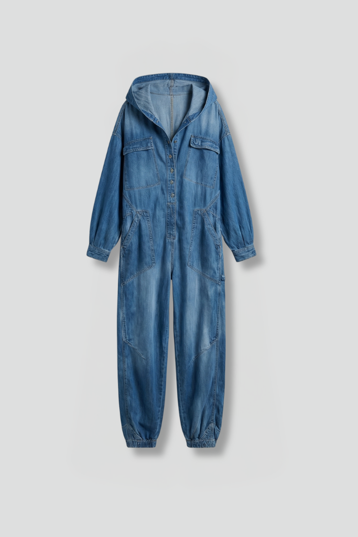 Women's cozy hooded jumpsuit in soft fabric, perfect for comfortable loungewear and casual one-piece style.