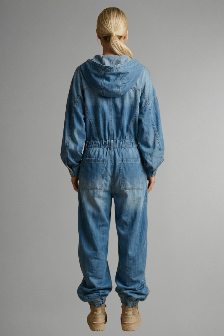 Stylish women's one-piece jumpsuit with a cozy hood and convenient pockets, great for easy, comfortable fashion.