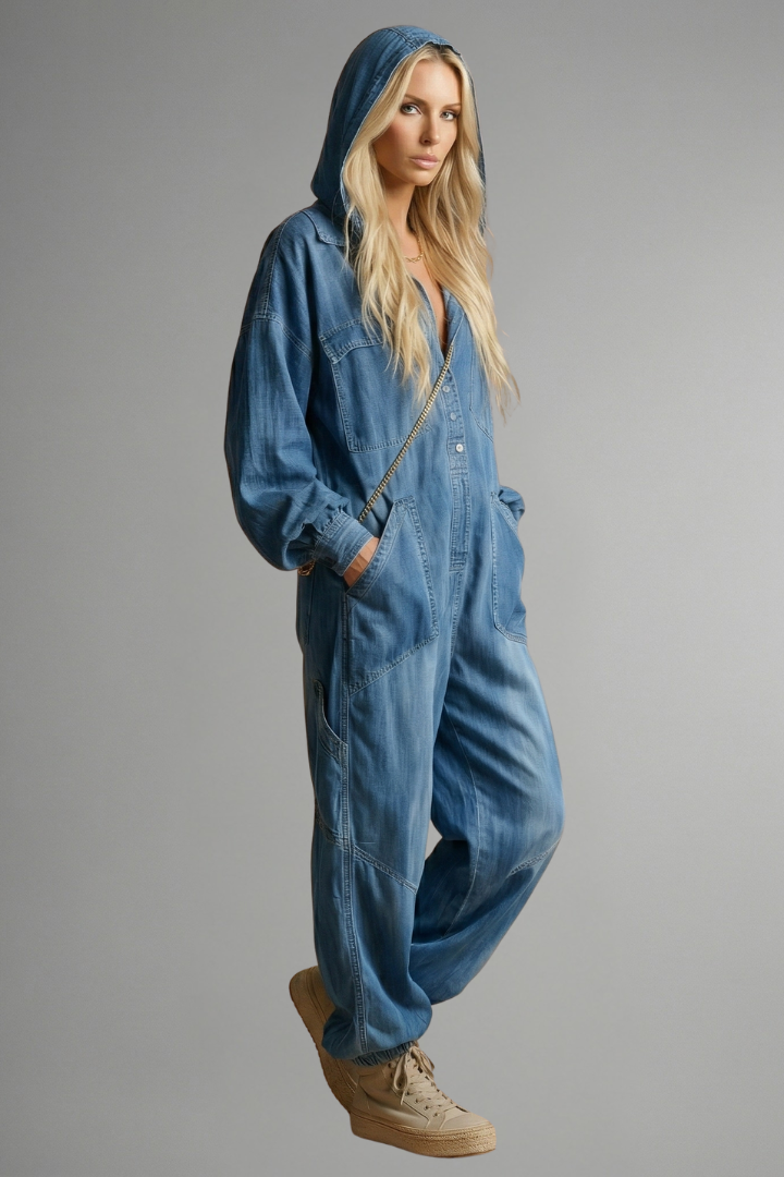 Full-length women's hooded jumpsuit, a comfortable and easy-wear option with integrated pockets for loungewear.