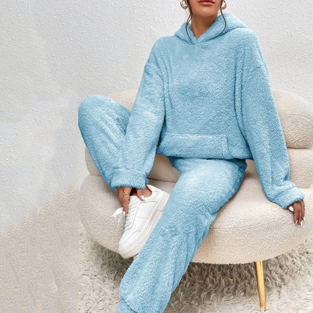Women's cozy hooded lounge set, perfect for spring casual wear or athleisure days, two-piece matching.