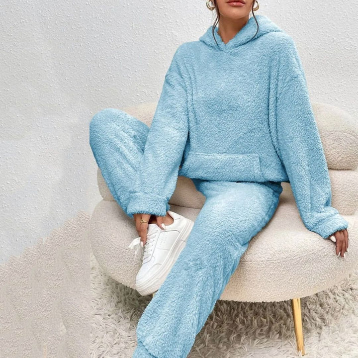 Women's cozy hooded lounge set, perfect for spring casual wear or athleisure days, two-piece matching.
