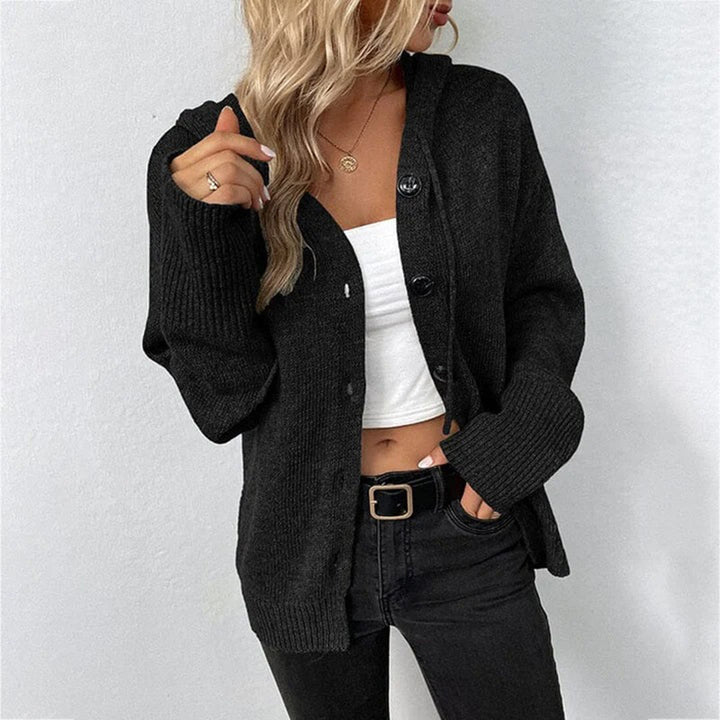 Hooded button-front knit cardigan for women, a versatile piece for casual and layering outfits.