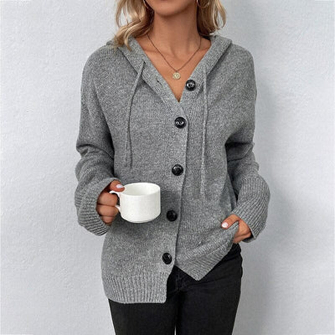 Women's warm knit hooded cardigan with an open front and buttons, offering cozy style.