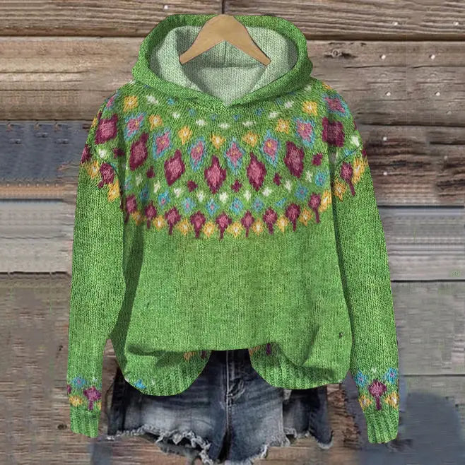 Stylish women's hooded top with intricate Nordic pattern. Perfect for cozy winter fashion & casual Scandinavian style.