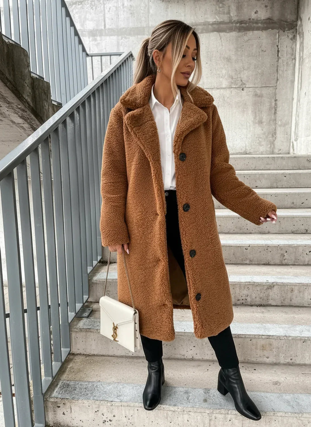 Warm and stylish women's long teddy coat, a must-have piece of cozy outerwear for chilly seasons.