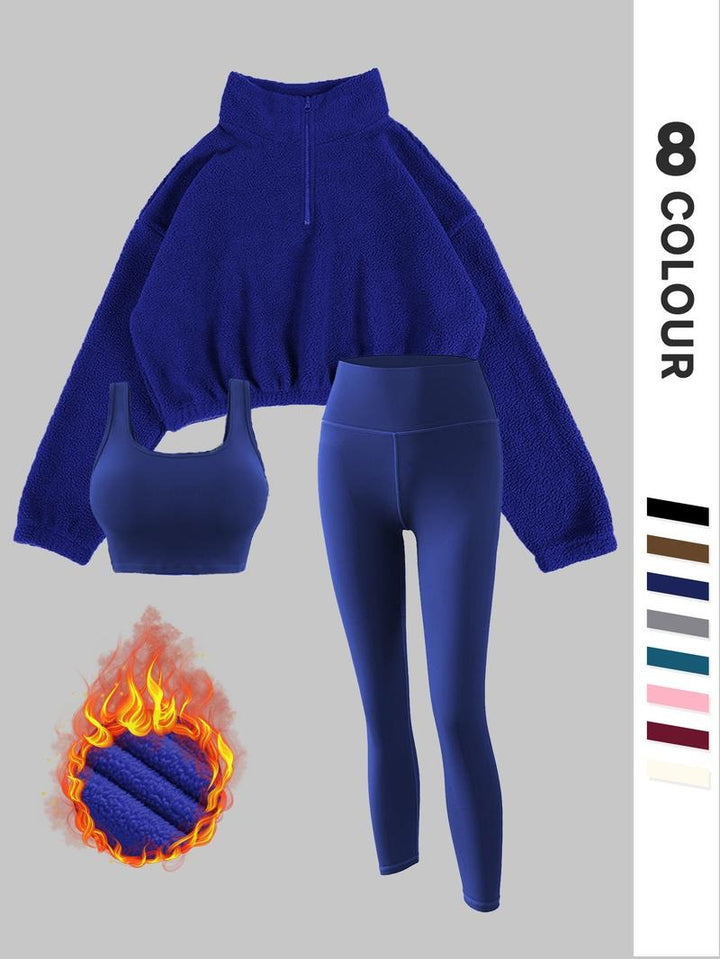 Athleisure women's matching set: black thermal fleece pullover and leggings, perfect for lounging
