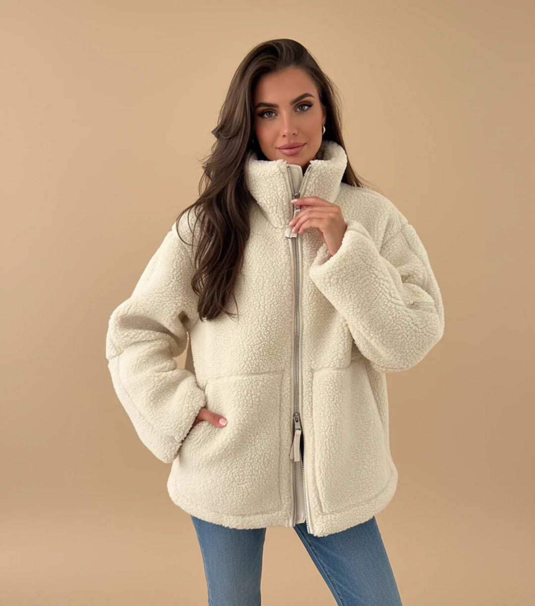 Women's cozy zip-up warm jacket, perfect for fall and winter layering. Comfortable casual outerwear.
