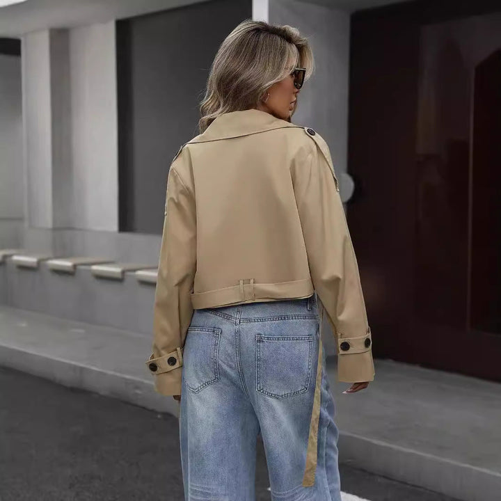 Stylish women's khaki cropped trench jacket, double-breasted design for versatile fashion