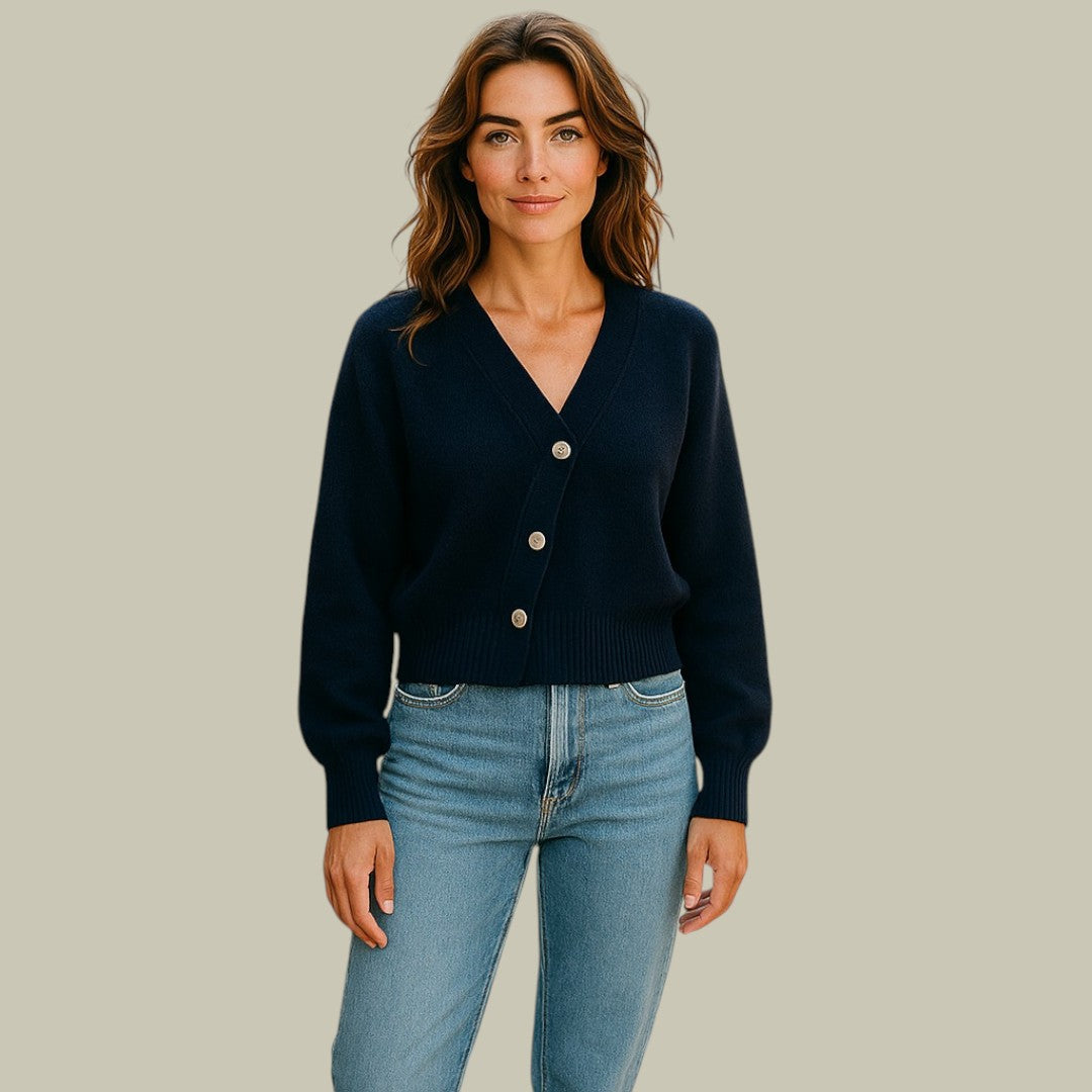 Women's cross button v-neck merino wool sweater, cozy winter fashion, long sleeve knitted top
