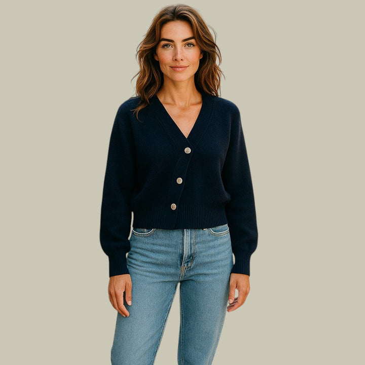 Women's cross button v-neck merino wool sweater, cozy winter fashion, long sleeve knitted top