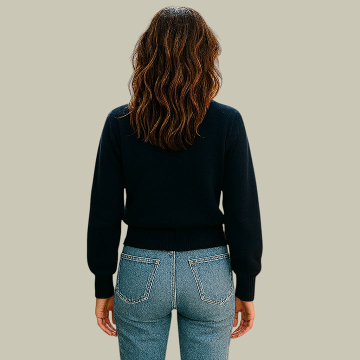 Casual chic women's merino wool sweater with unique cross button detailing and v-neck
