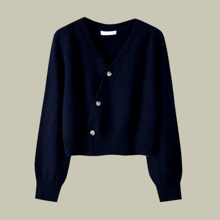 Soft knitted merino wool sweater for women, elegant v-neck design and cross button front