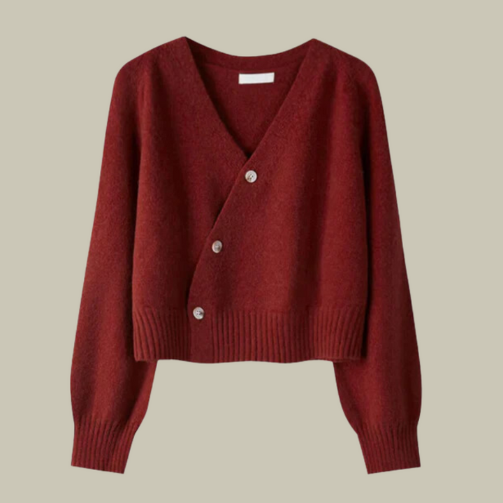 Warm long sleeve women's sweater, v-neck style with functional cross button embellishments