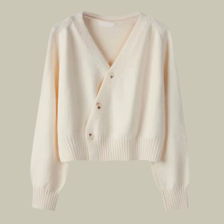 Merino wool v-neck sweater, perfect for women's winter fashion, featuring stylish cross buttons