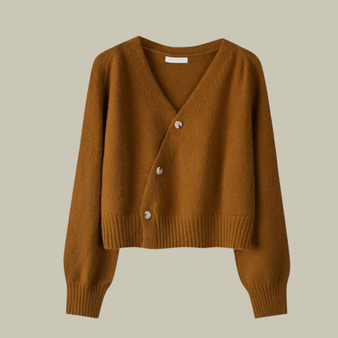 Fashionable women's knitted top, merino wool v-neck sweater with distinctive cross button design