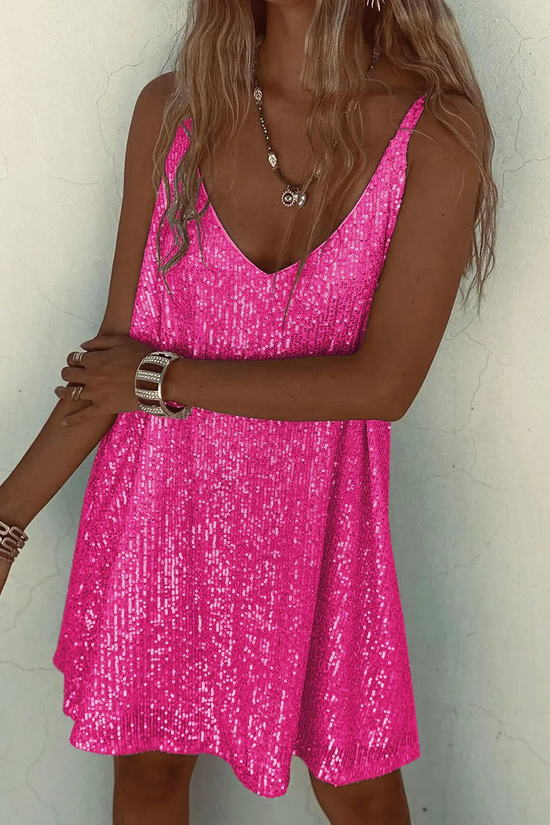Glamorous sequin V-neck mini dress for women, sparkling brightly for parties & cocktails.