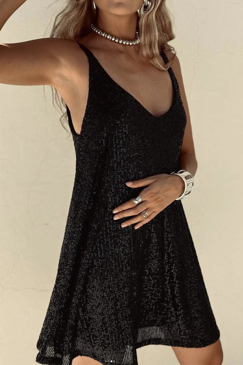 Elegant V-neck sequin mini dress for women, ideal for prom, parties, and evening events. Sleeveless design.