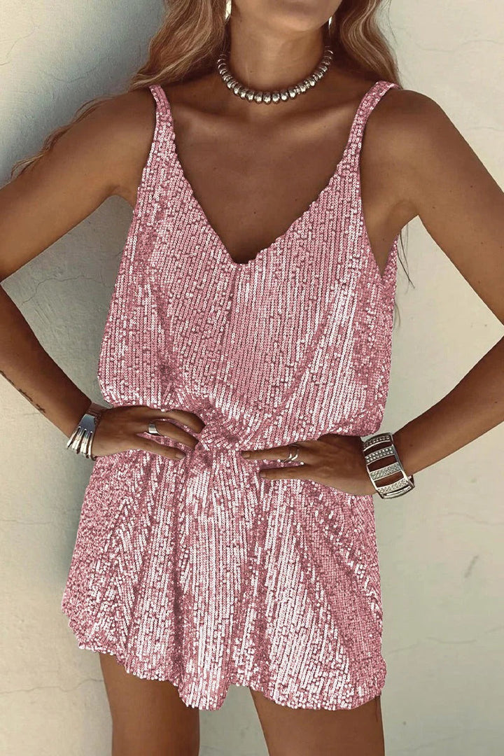 Dazzling women's sequin mini dress, a sleeveless V-neck perfect for any party or prom night.