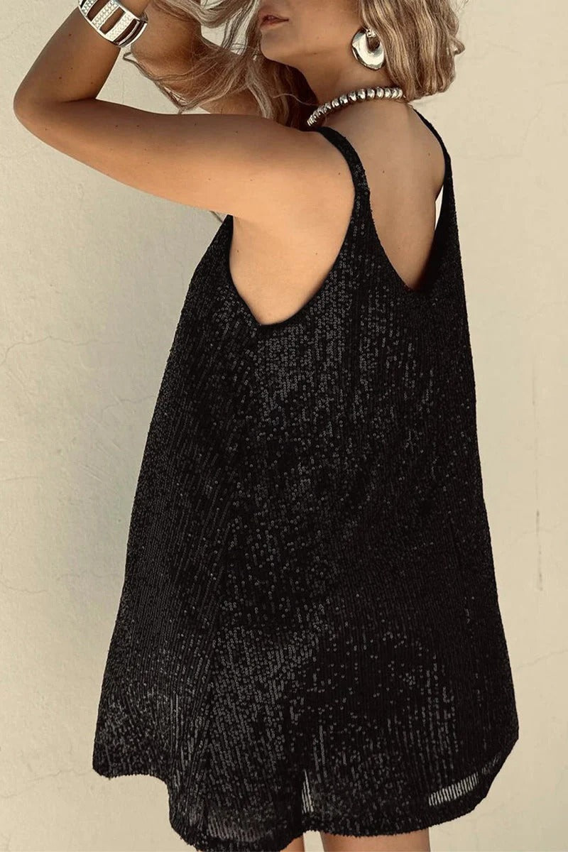 Shimmering women's V-neck sequin mini dress, sleeveless, designed to sparkle at proms & parties.