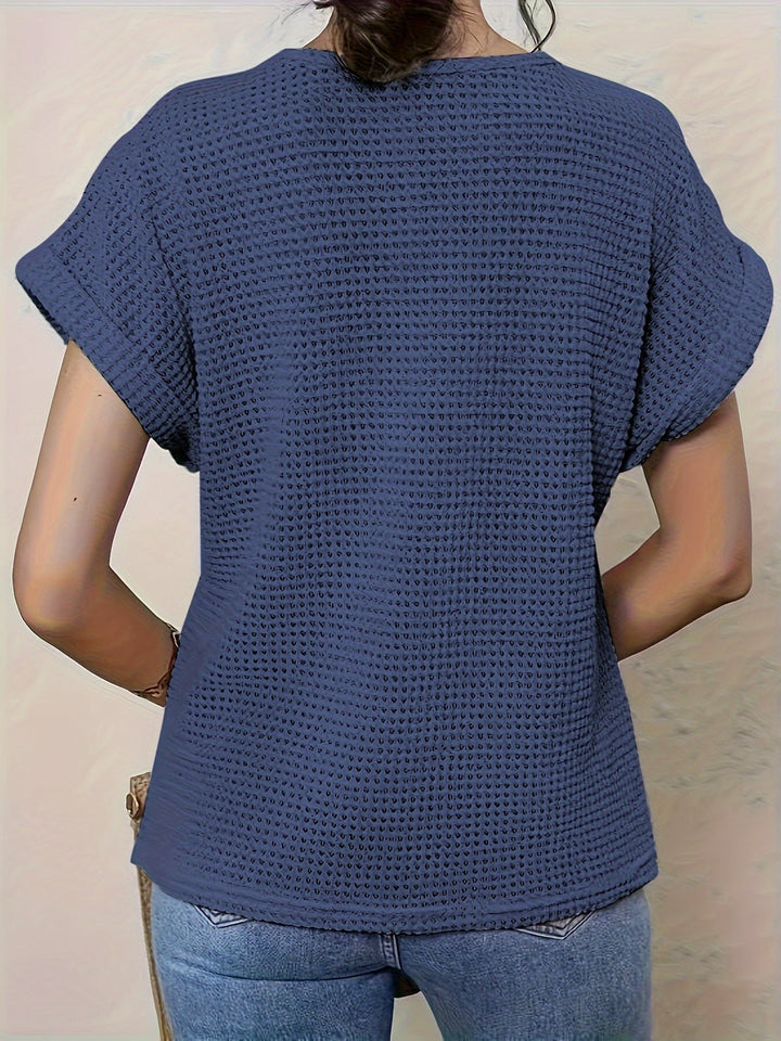 Casual yet elegant women's crochet blouse, short sleeve, round neck. Perfect daily fashion top.