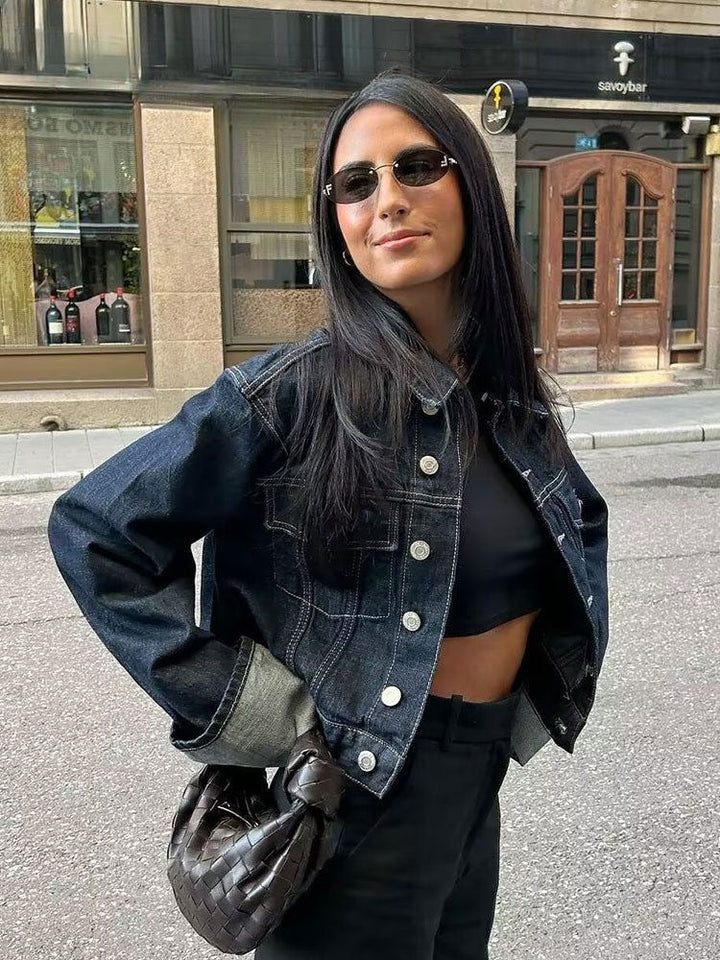 Casual women's spring fashion co-ord: cropped denim jacket with straight-leg pants