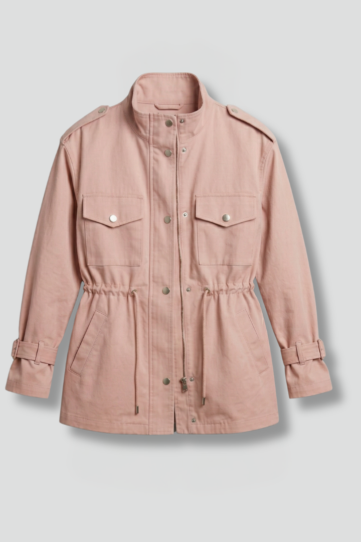 Women's double-breasted utility jacket with belt, tailored fit for stylish fall outerwear.