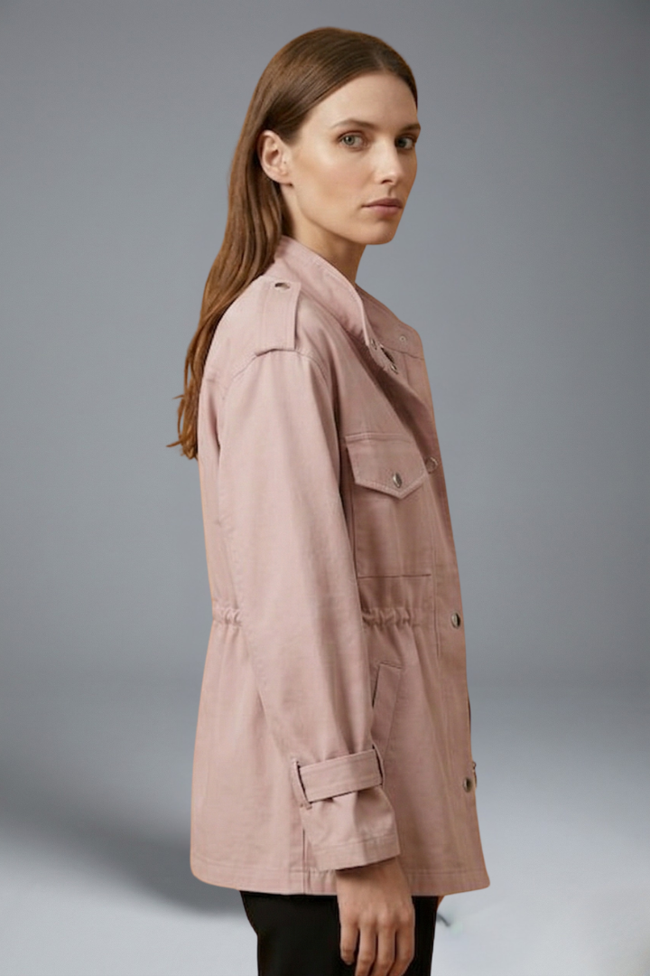 Chic women's belted utility jacket, perfect for spring or fall fashion, offering a tailored casual look.