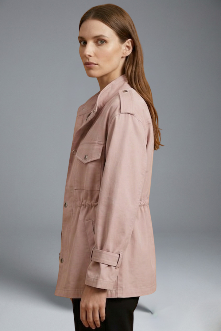 Stylish women's double-breasted utility jacket, a versatile belted outerwear piece for any season.