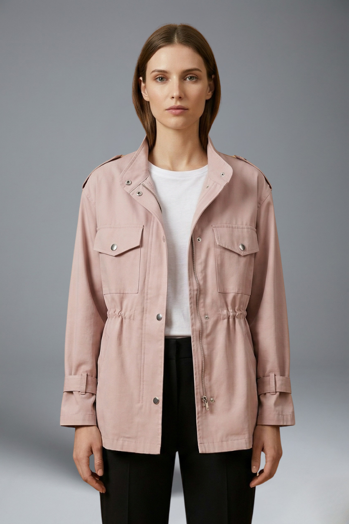 Fashionable women's belted utility jacket, double-breasted design, ideal for a smart fall or spring look.