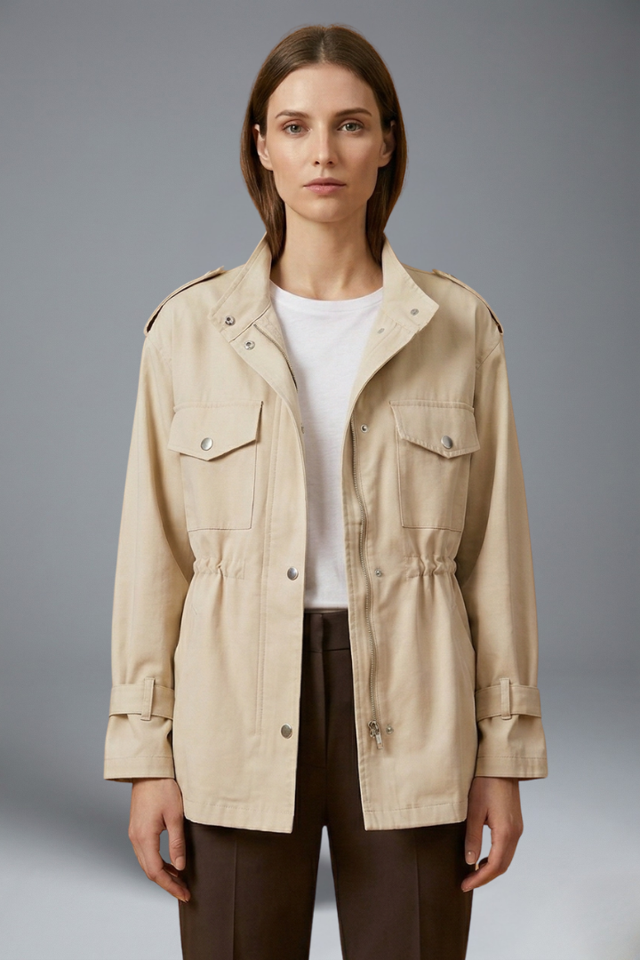 Tailored women's double-breasted utility jacket with adjustable belt, essential chic outerwear for women.