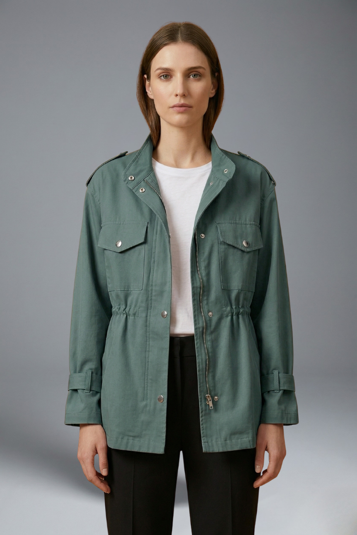 Practical yet stylish women's utility jacket, double-breasted with belt, perfect for casual chic layering.