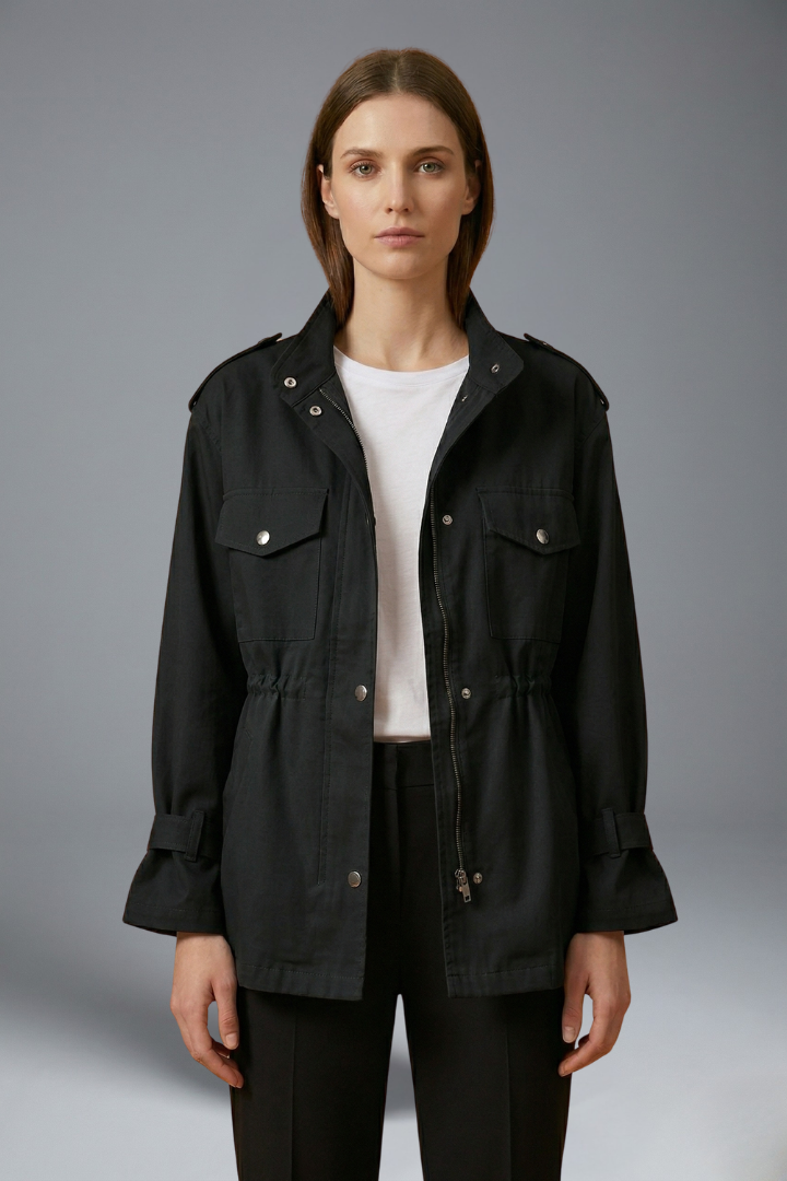 Women's double-breasted belted utility jacket, tailored fit for stylish fall & spring outerwear.