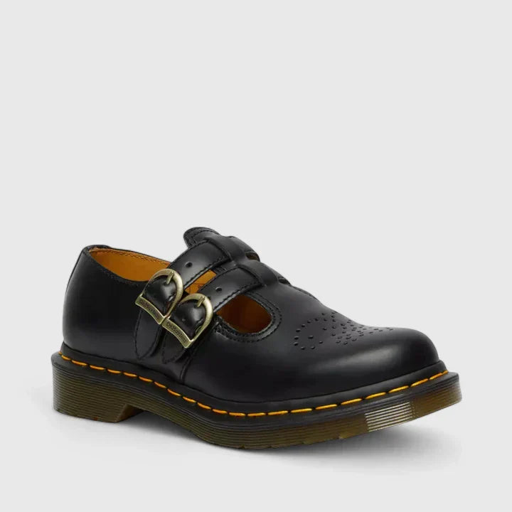 Women's Double Buckle Mary Janes, black leather, vintage style, flat shoes for everyday wear.