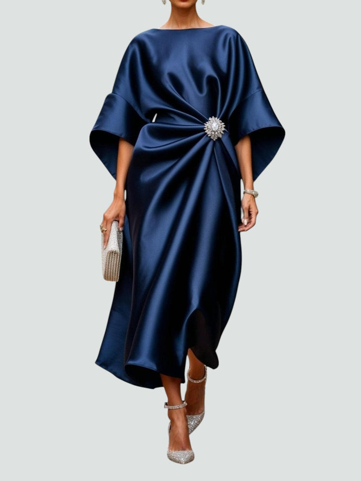 Women's draped batwing sleeve midi dress with asymmetrical hem, offering effortless style & comfort.
