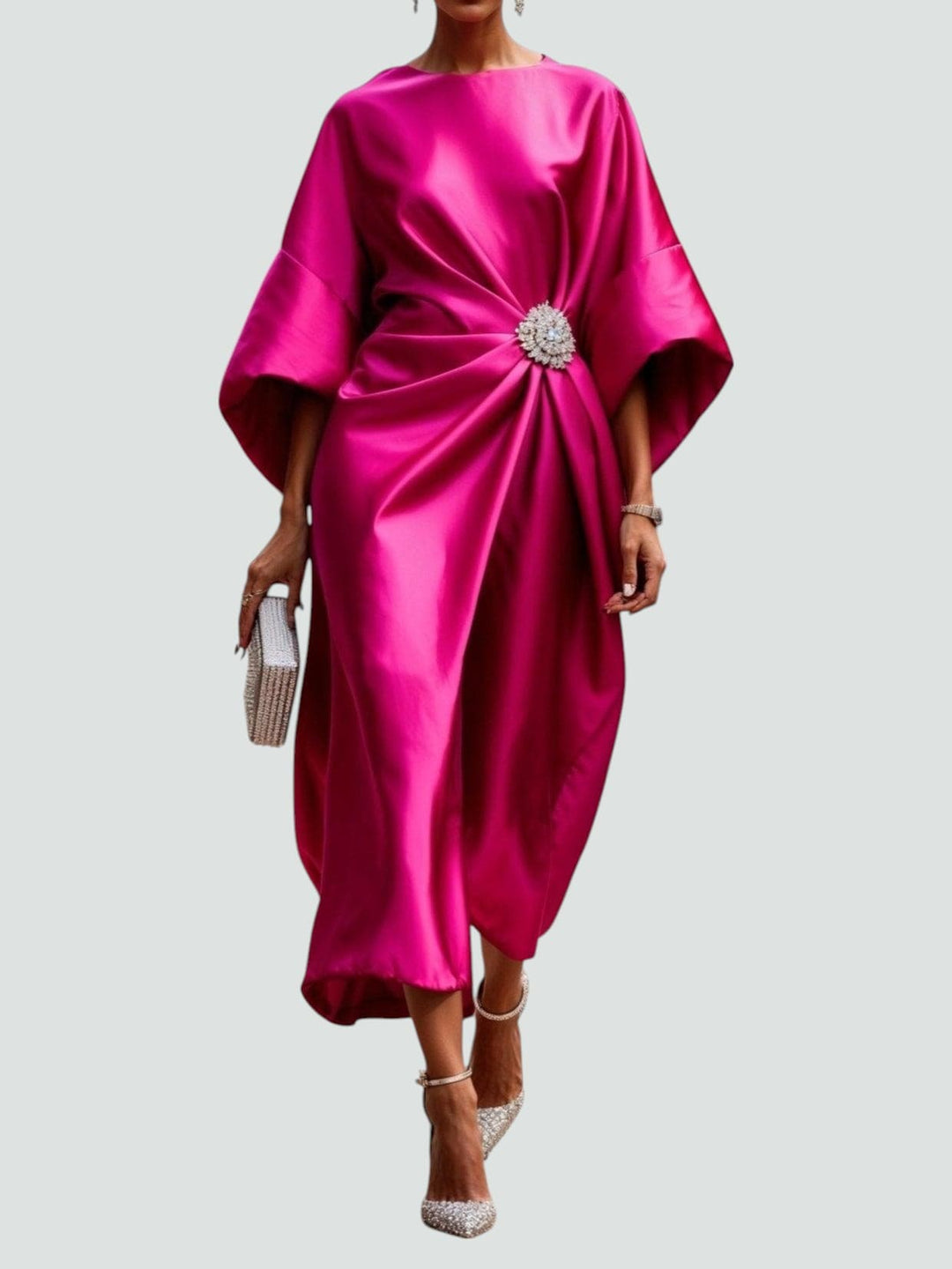 Versatile women's fashion midi dress with draped batwing sleeves, suitable for elegant & casual wear.