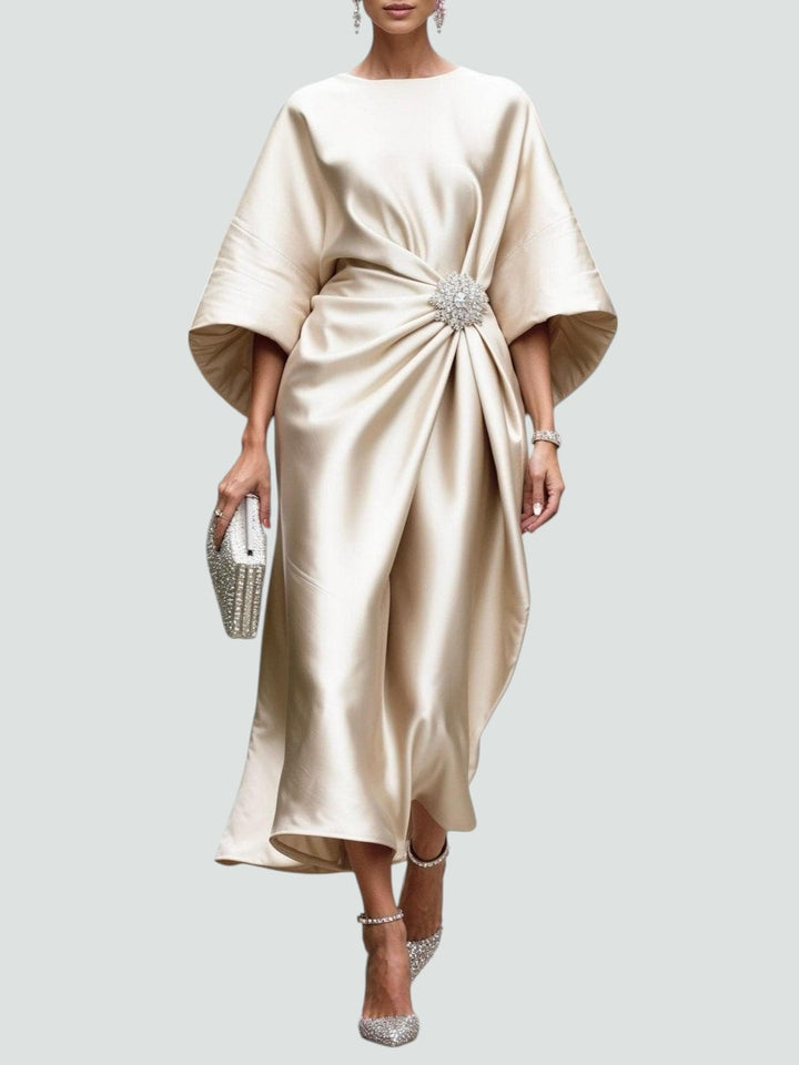 Effortless women's loose fit midi dress with elegant draped design and comfortable batwing sleeves.