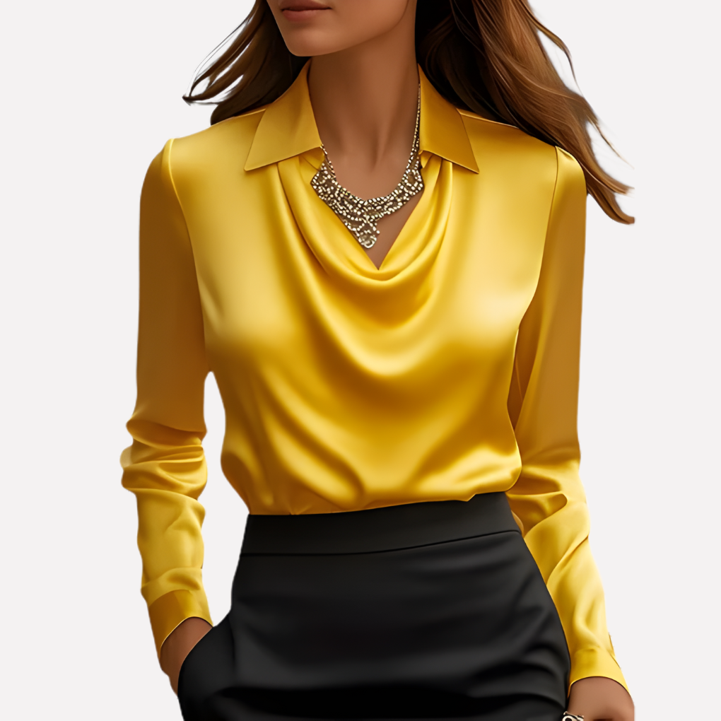Fashion-forward women's draped collar long sleeve blouse, offering both comfort and sophisticated style.