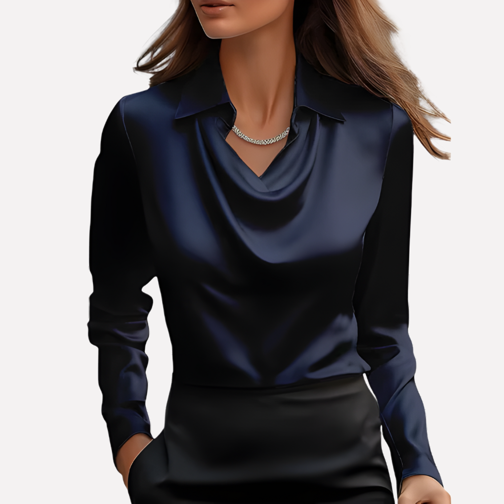 Elegant women's solid color long sleeve blouse, featuring a stylish draped collar & relaxed fit.