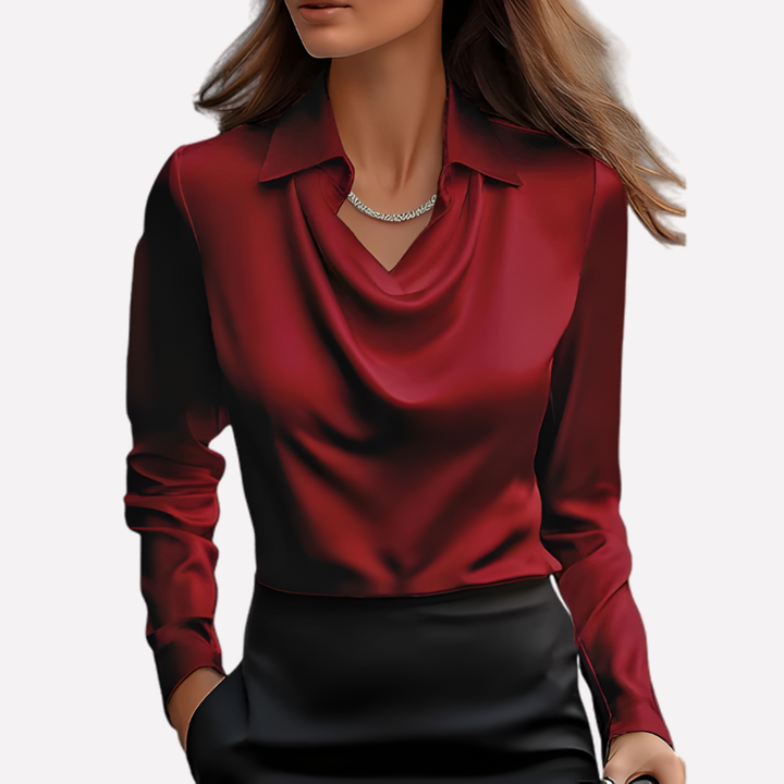 Chic women's fashion top: long sleeve blouse with a beautiful draped collar, ideal for office wear.