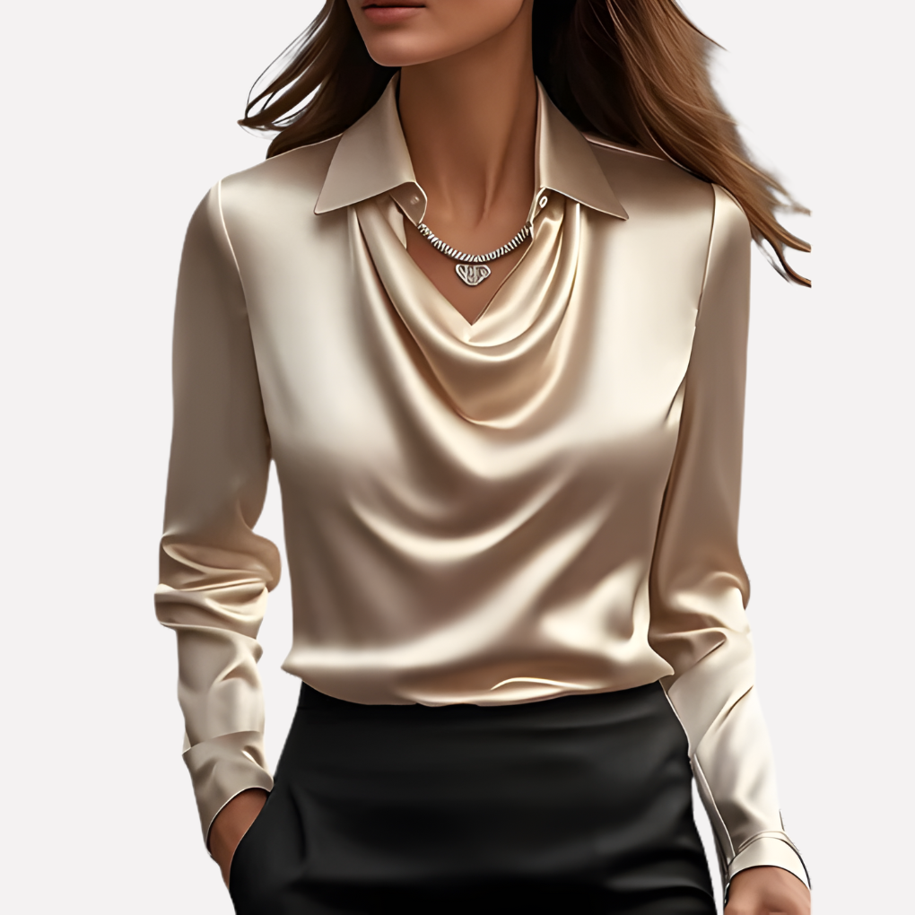 Dressy women's long sleeve blouse with a sophisticated draped collar, great for evening elegance.
