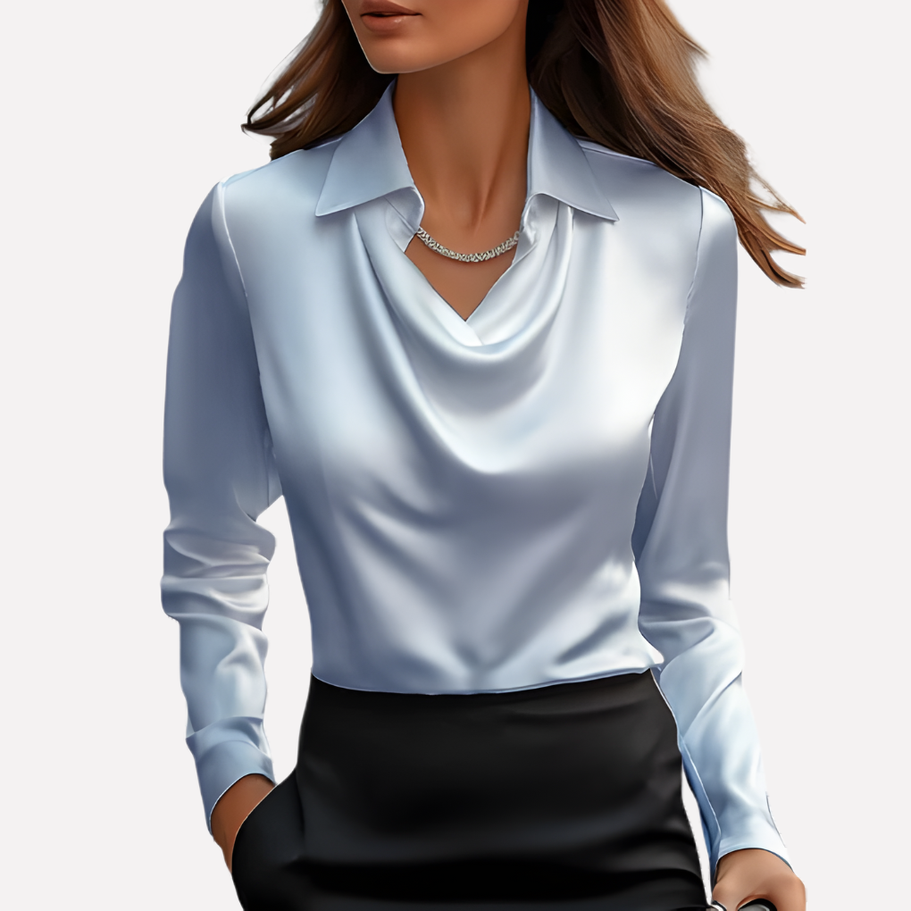 Versatile women's draped collar long sleeve top, a chic and elegant piece for any occasion.
