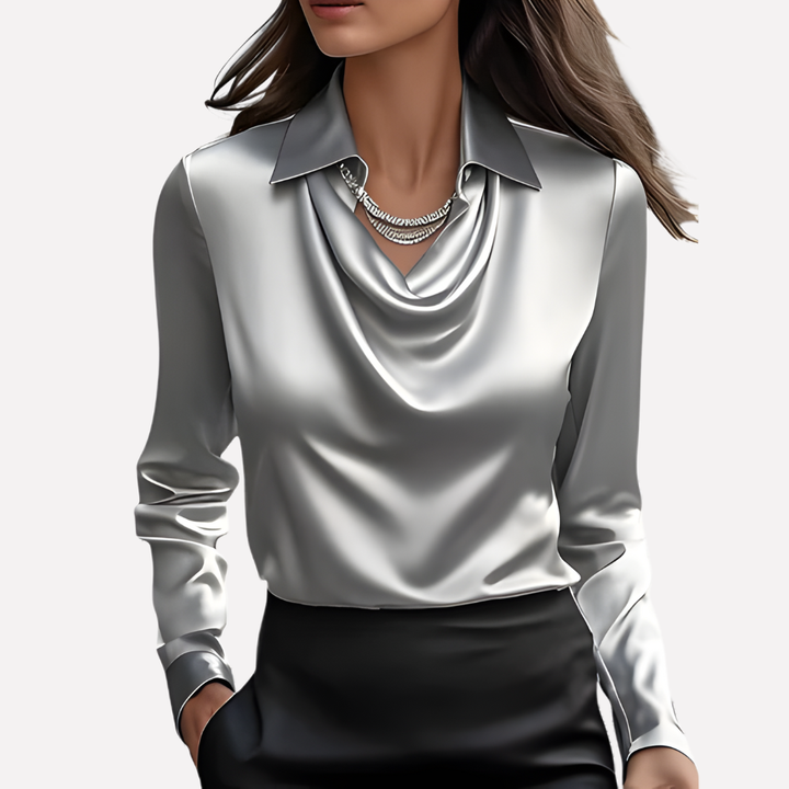 Stylish women's long sleeve blouse featuring a unique draped collar, suitable for office & evening wear.