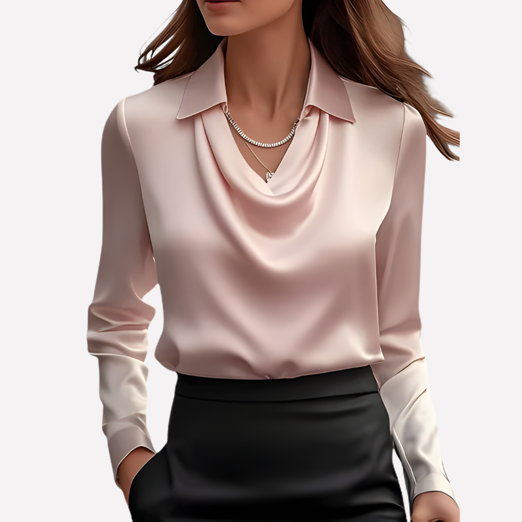 Solid color women's elegant long sleeve top with a chic draped collar for a refined, modern look.