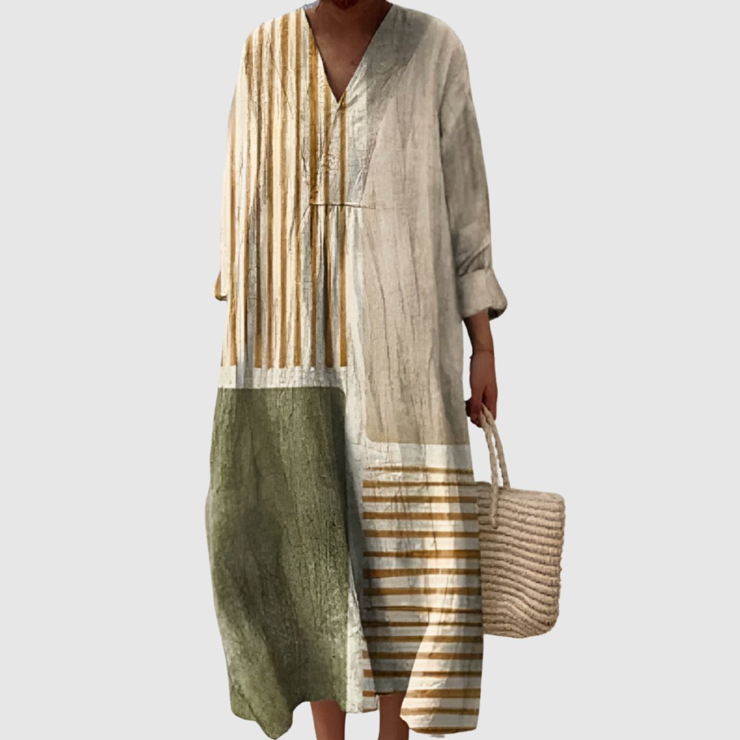 Women's earth-tone abstract panel maxi dress with V-neck. Flowy, versatile fashion for summer. Casual & elegant.
