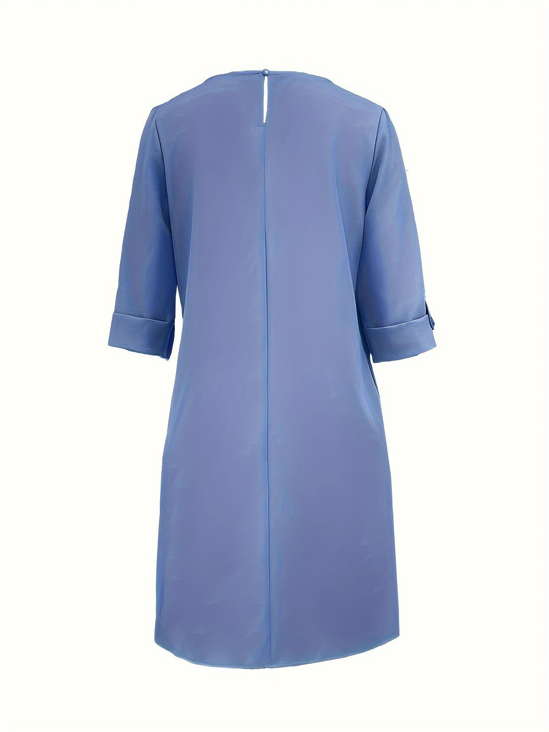 Professional women's work dress, three-quarter sleeve, rounded neck for comfort & style.