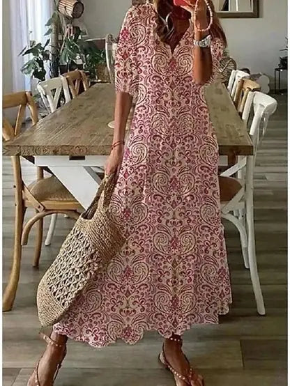 Relaxed fit women's boho A-line dress featuring a unique geometric print and long sleeves, comfortable for any season.