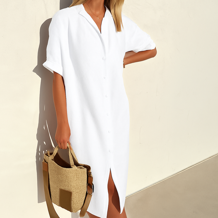 Women's effortless button-down midi shirt dress, perfect for casual spring & summer fashion.